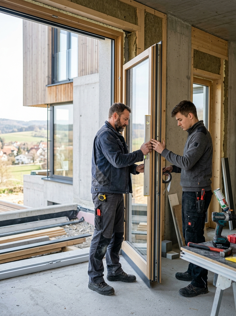 Fenstermonteure bei der Arbeit auf einer regionalen Baustelle