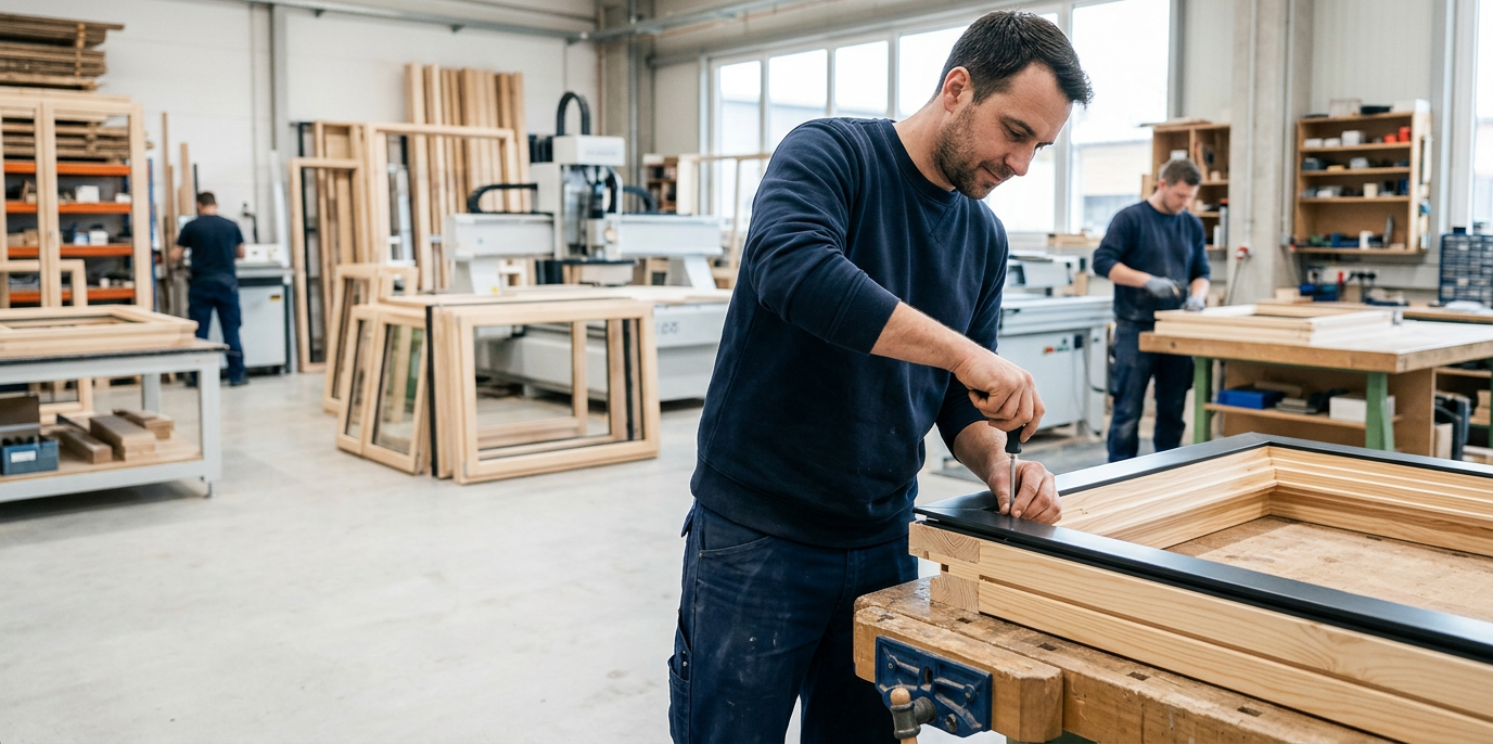 Fensterbauer bei der Fertigung eines Holzfensters in der Werkstatt