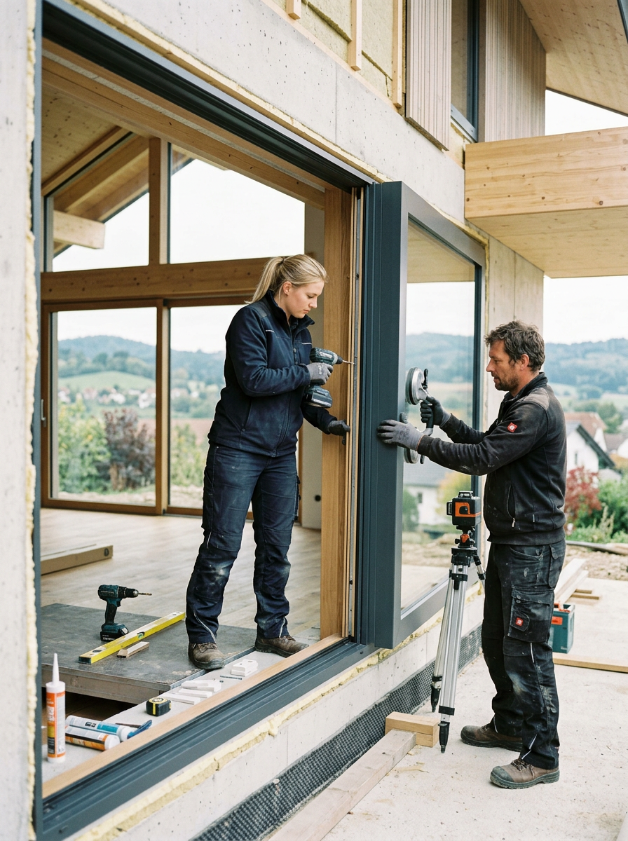 Montageteam beim fachgerechten Einbau eines Fensters